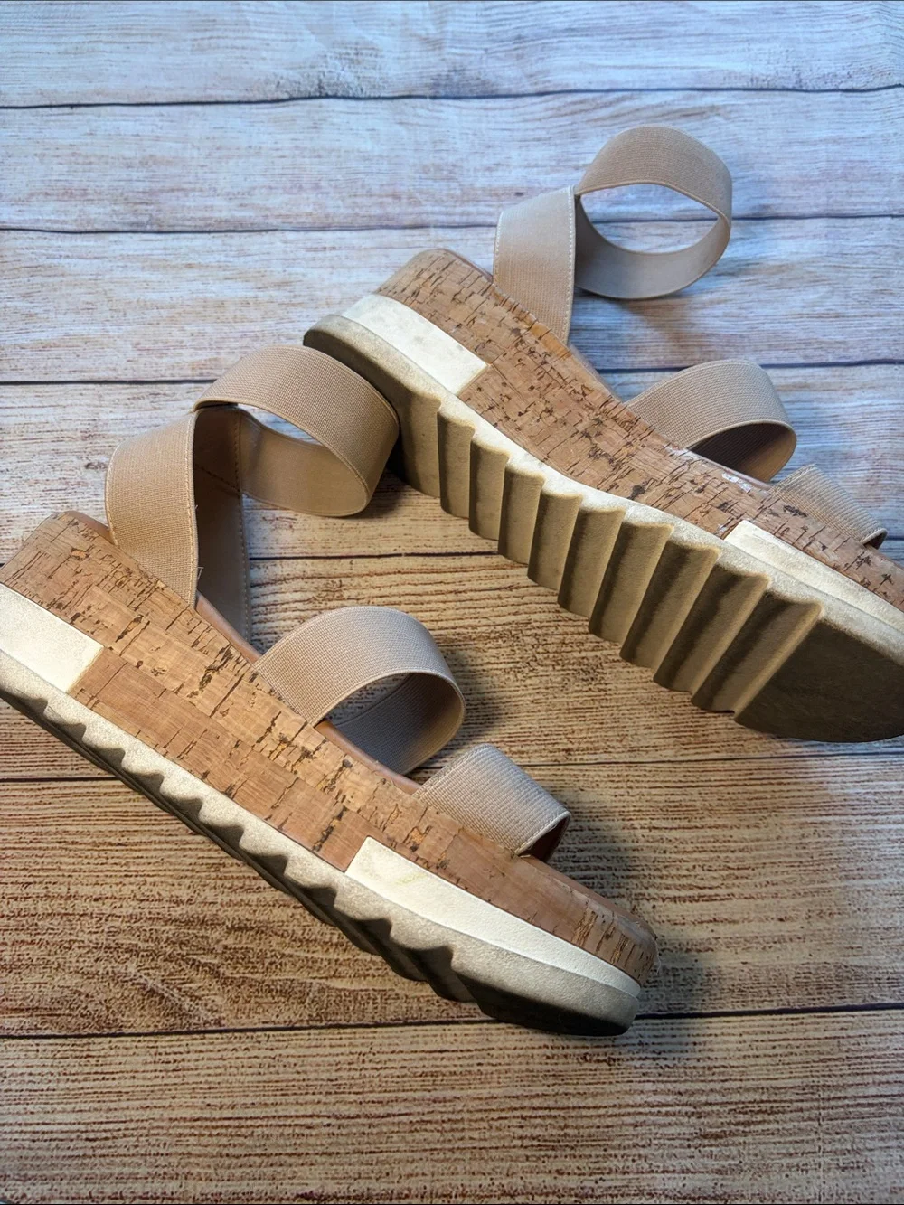 Steve Madden Beige Elastic-Strap Wedge Sandals Size 8M